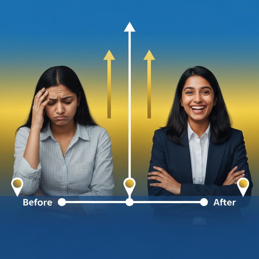 Visual transformation journey showing progress from stressed to confident